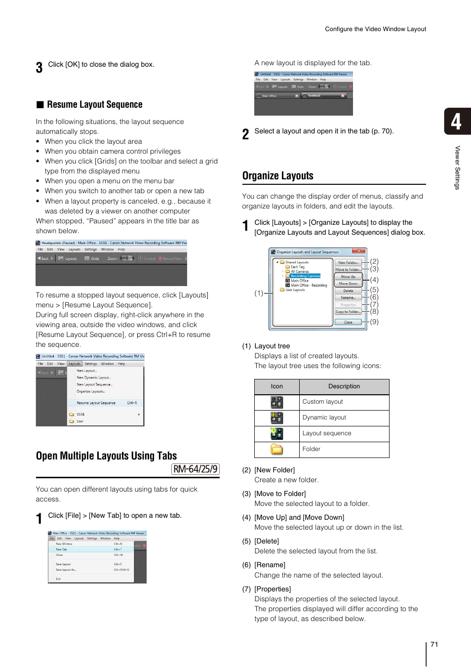 Open multiple layouts using tabs, Organize layouts, Resume layout sequence | Canon VB-M700F User Manual | Page 71 / 138