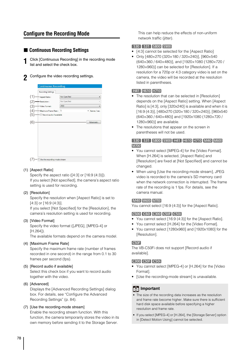Configure the recording mode, T (p. 78), P. 78) | Continuous recording, Settings” (p. 78, Continuous recording settings | Canon VB-M700F User Manual | Page 78 / 138
