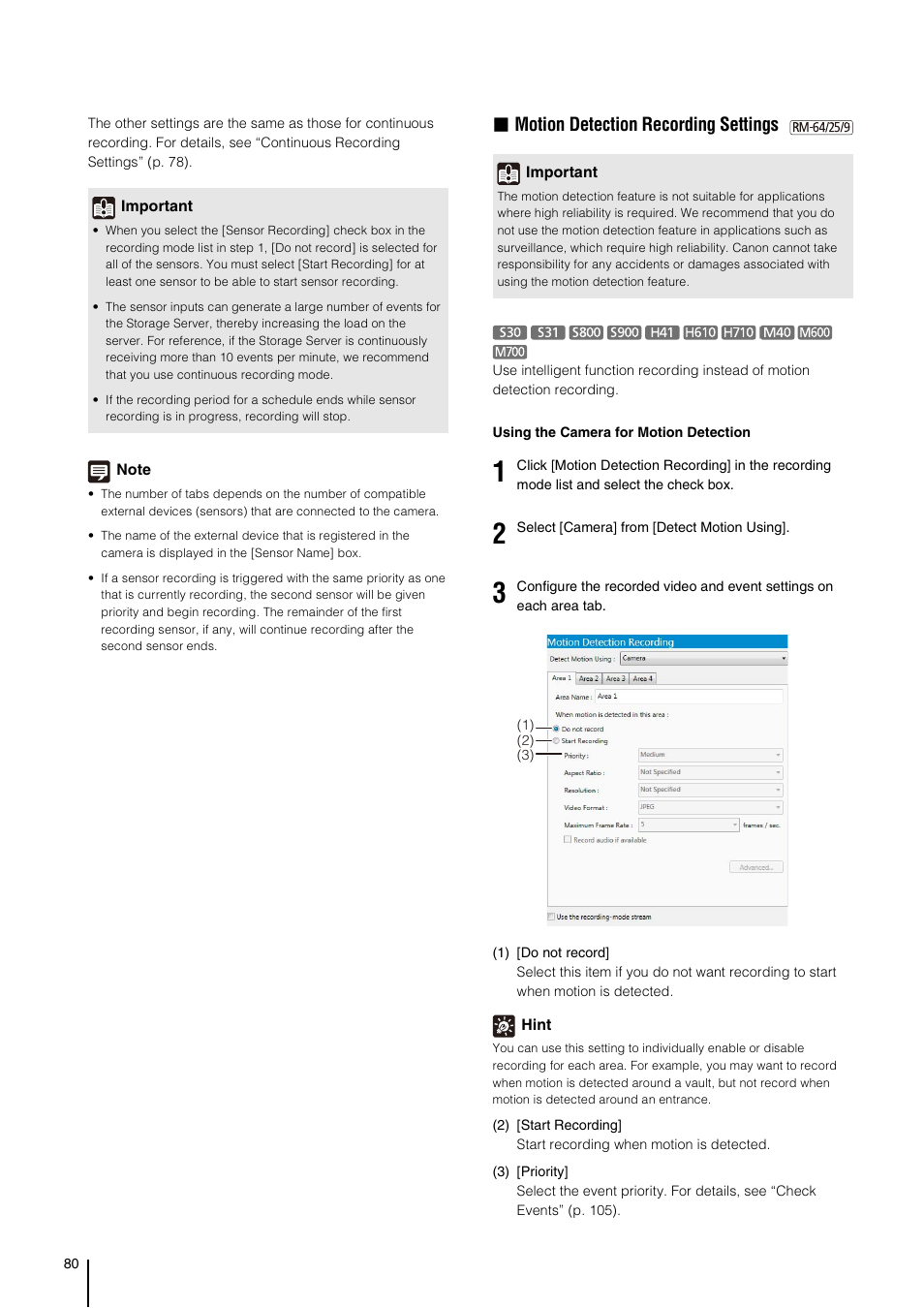 P. 80), Motion detection recording settings” (p. 80, P. 80 | Motion detection recording settings | Canon VB-M700F User Manual | Page 80 / 138