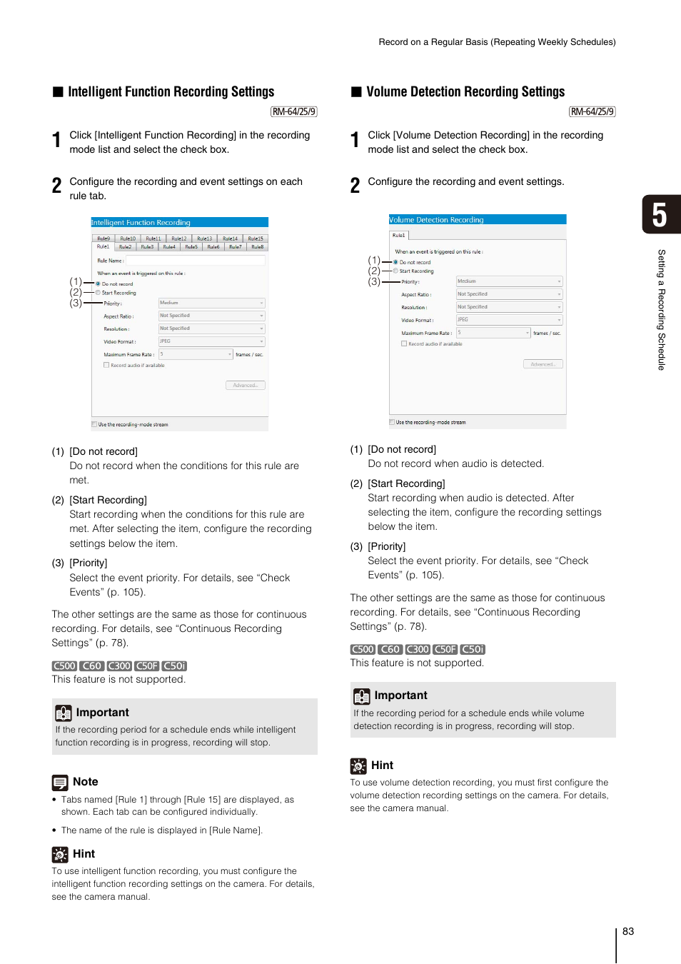 P. 83), Intelligent function recording settings” (p. 83), Ee “volume detection recording | Settings” (p. 83, Intelligent function recording settings, Volume detection recording settings | Canon VB-M700F User Manual | Page 83 / 138