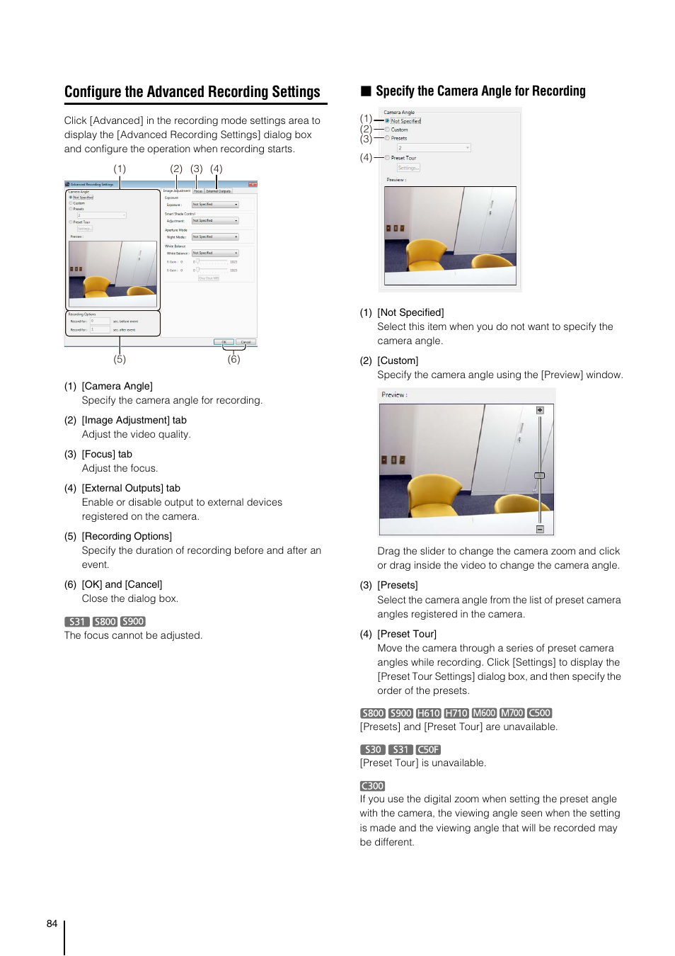 Configure the advanced recording settings, P. 84), E “configure the advanced recording settings | Specify the camera angle for recording | Canon VB-M700F User Manual | Page 84 / 138