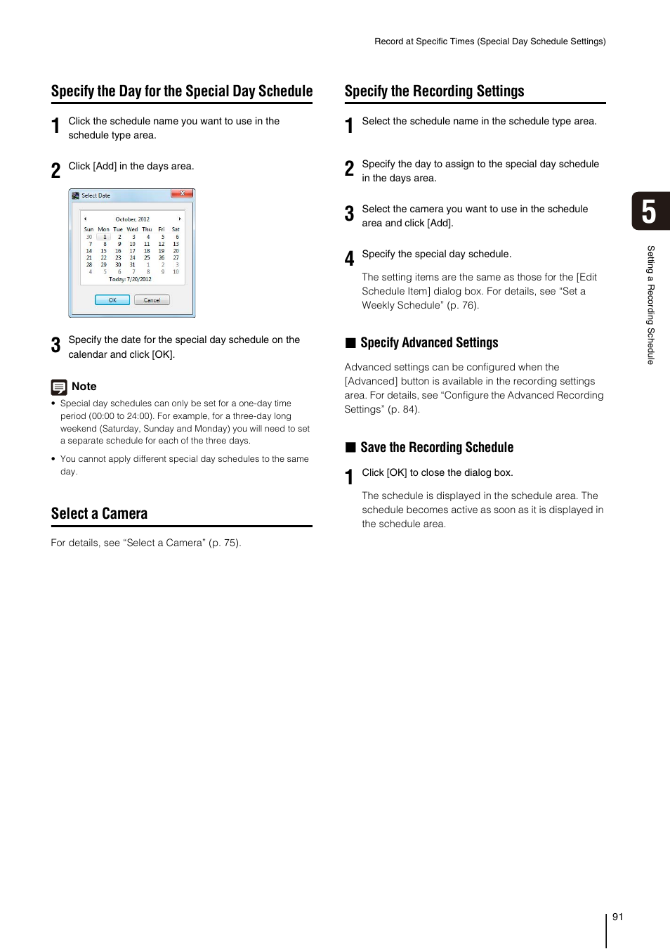 Specify the day for the special day schedule, Select a camera, Specify the recording settings | Y (p. 91), Era (p. 91) | Canon VB-M700F User Manual | Page 91 / 138