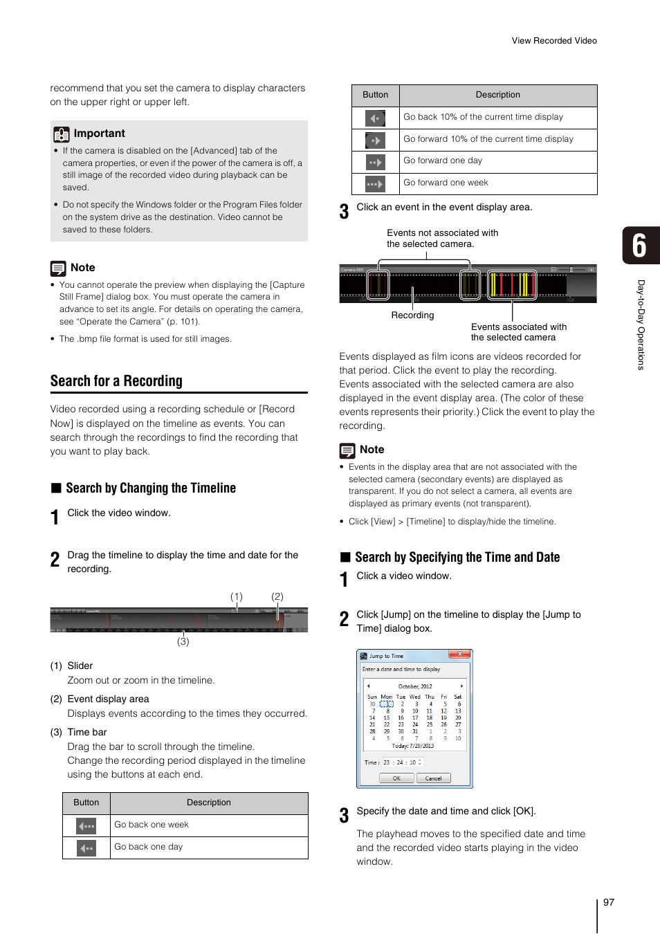 Search for a recording, P. 97), Search by changing the timeline | Search by specifying the time and date | Canon VB-M700F User Manual | Page 97 / 138