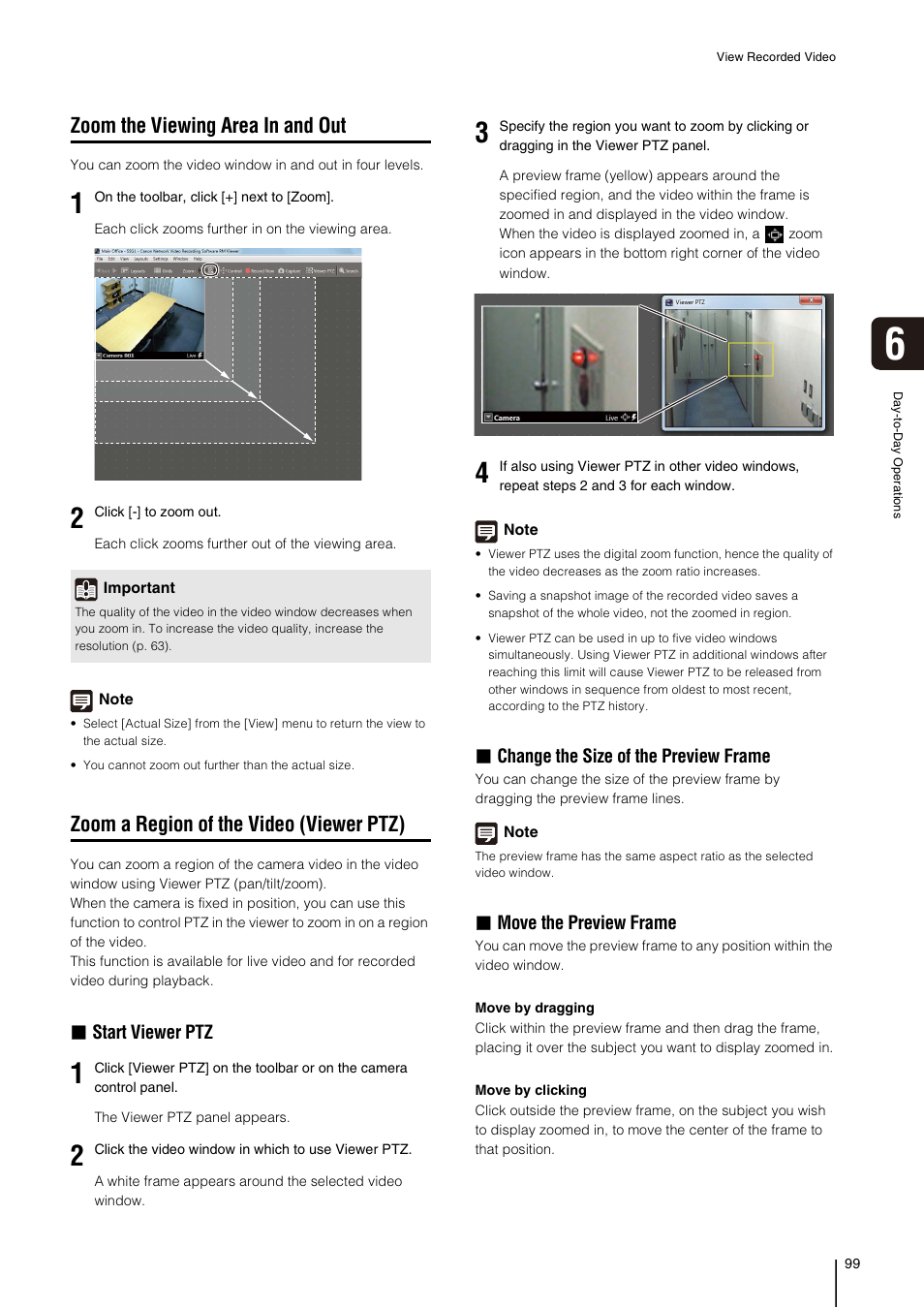 Zoom the viewing area in and out, Zoom a region of the video (viewer ptz), P. 99) | Start viewer ptz, Change the size of the preview frame, Move the preview frame | Canon VB-M700F User Manual | Page 99 / 138