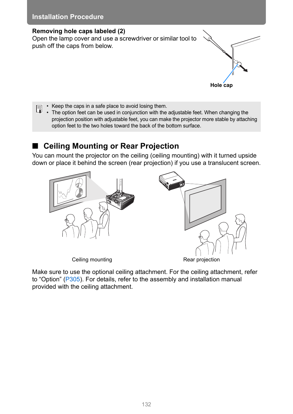 Ceiling mounting or rear projection, P132 | Canon XEED WUX450 User Manual | Page 132 / 314