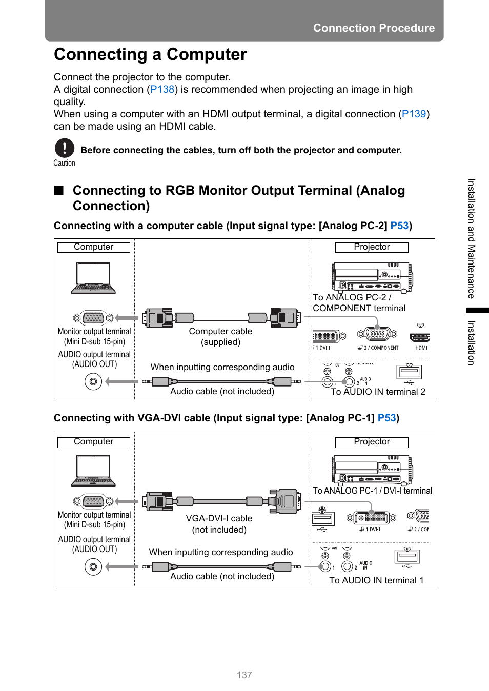 Connecting a computer, Connecting to the computer, P137 | Computer | Canon XEED WUX450 User Manual | Page 137 / 314
