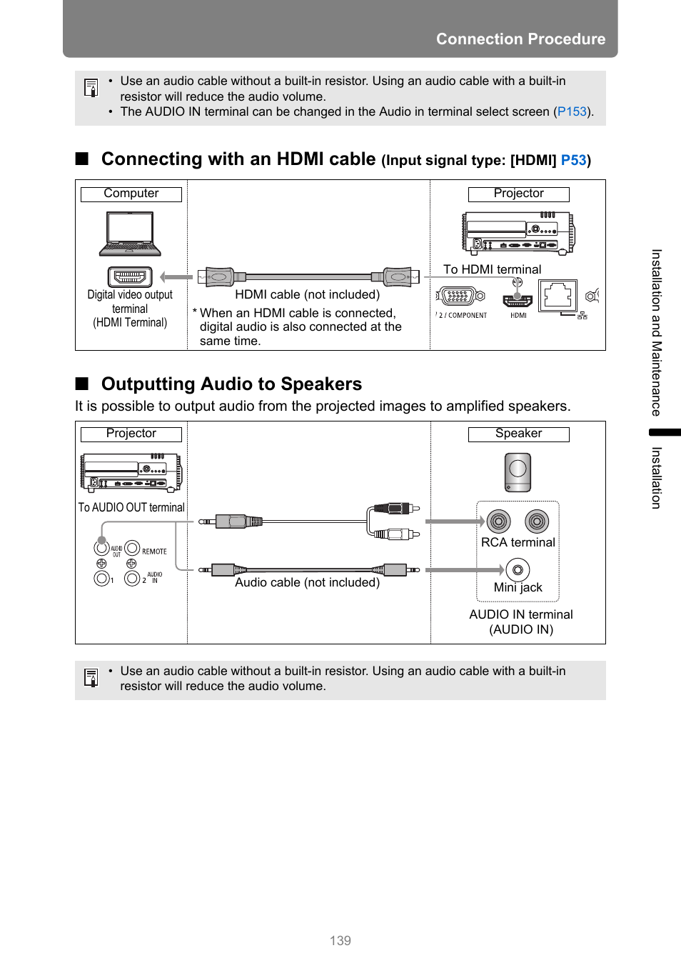 Outputting audio to speakers, P139, Io out) | Al (hdmi), Computer, Nection, Connecting with an hdmi cable, Connection procedure | Canon XEED WUX450 User Manual | Page 139 / 314
