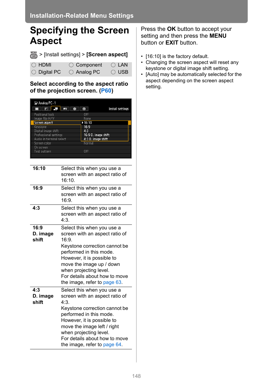Specifying the screen aspect, P148 | Canon XEED WUX450 User Manual | Page 148 / 314