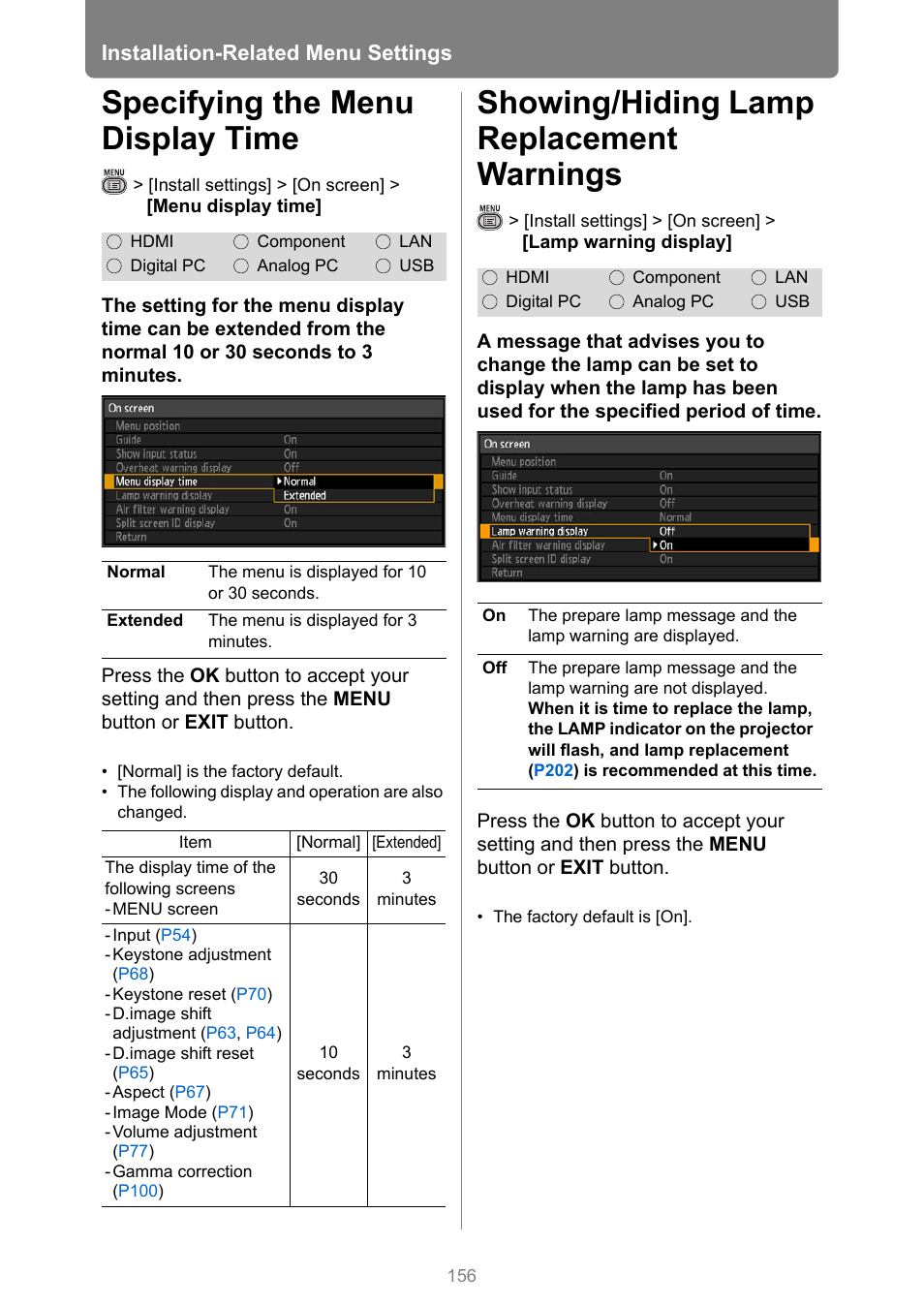 Specifying the menu display time, Showing/hiding lamp replacement warnings, Installation-related menu settings | Canon XEED WUX450 User Manual | Page 156 / 314