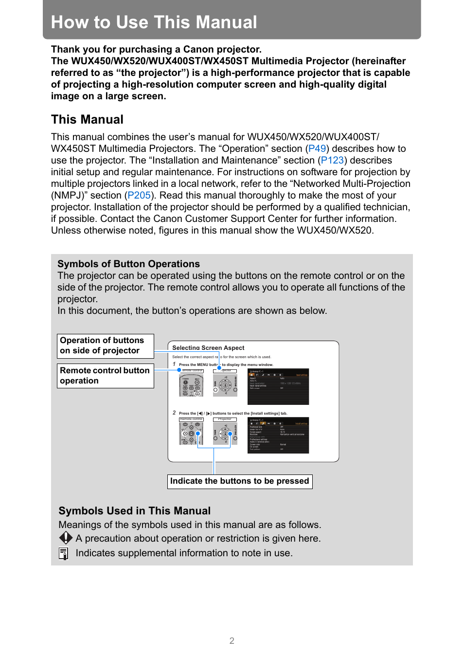 How to use this manual, This manual, Symbols used in this manual | Canon XEED WUX450 User Manual | Page 2 / 314