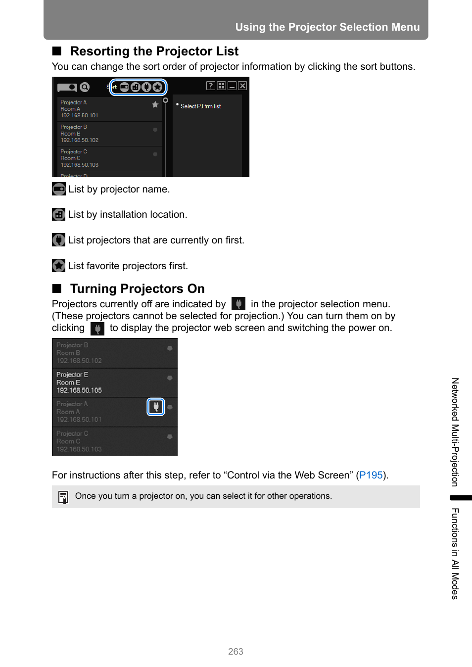 Resorting the projector list, Turning projectors on | Canon XEED WUX450 User Manual | Page 263 / 314