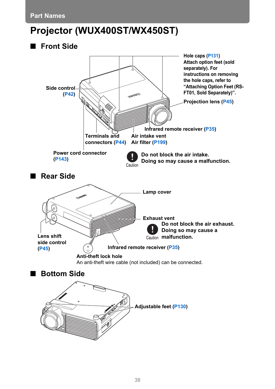 Projector (wux400st/wx450st), Front side, Rear side | Bottom side, Front side ■ rear side ■ bottom side, Part names | Canon XEED WUX450 User Manual | Page 38 / 314