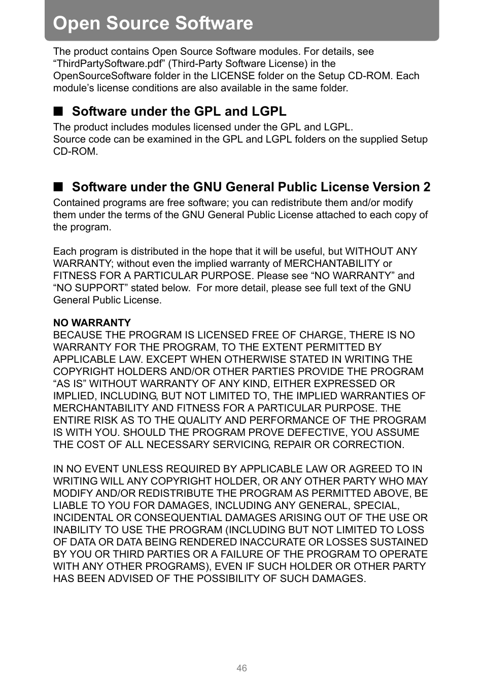 Open source software, Software under the gpl and lgpl | Canon XEED WUX450 User Manual | Page 46 / 314