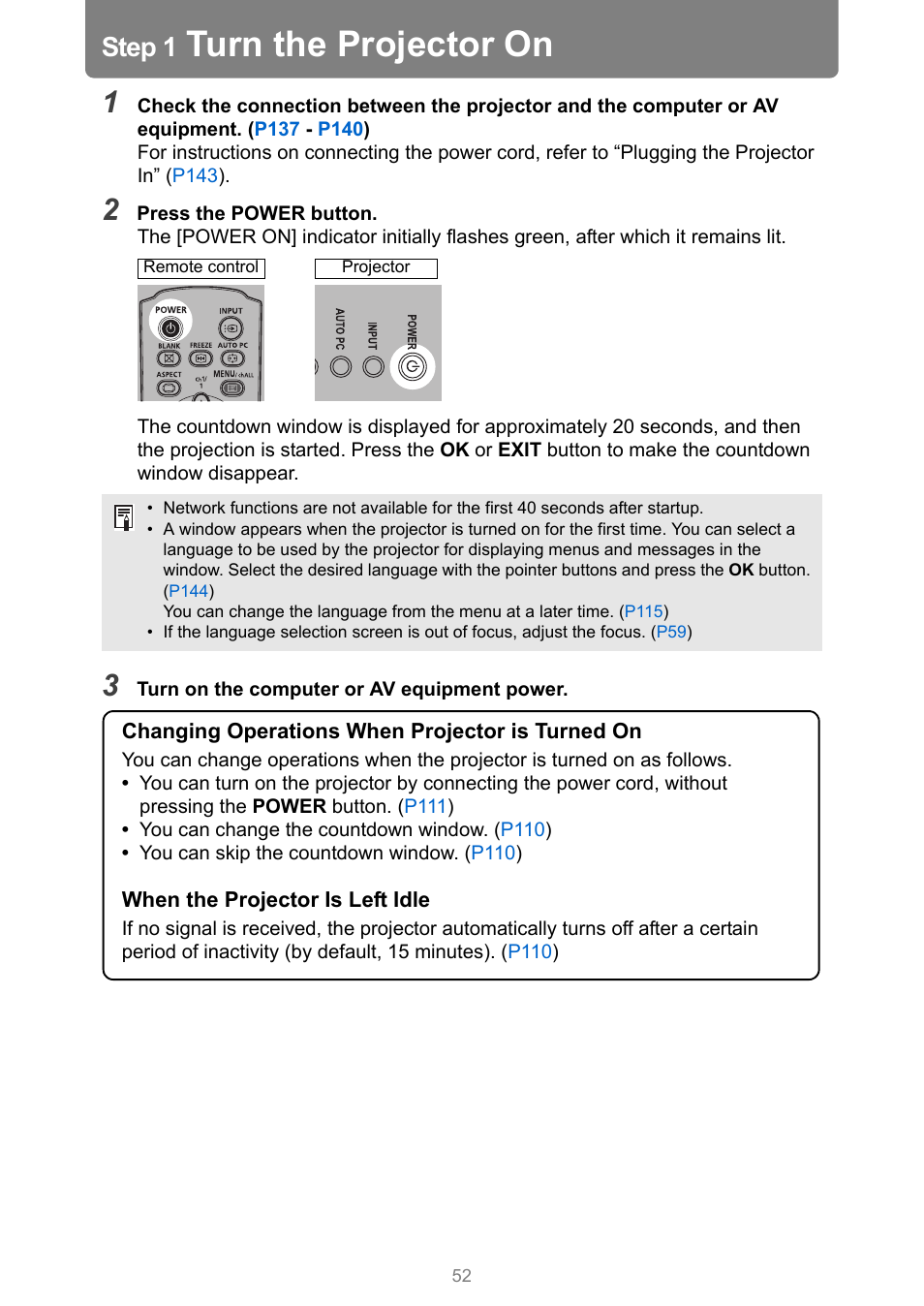 Step 1 turn the projector on, Turn the projector on, Step 1 | Canon XEED WUX450 User Manual | Page 52 / 314