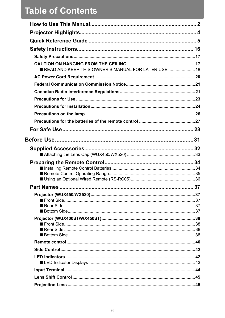 Canon XEED WUX450 User Manual | Page 6 / 314