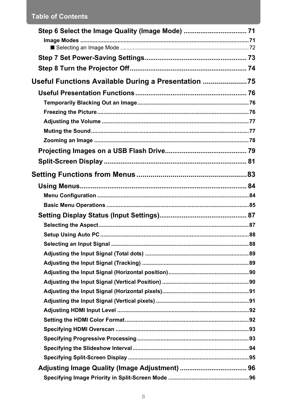 Useful functions available during a presentation, Setting functions from menus | Canon XEED WUX450 User Manual | Page 8 / 314