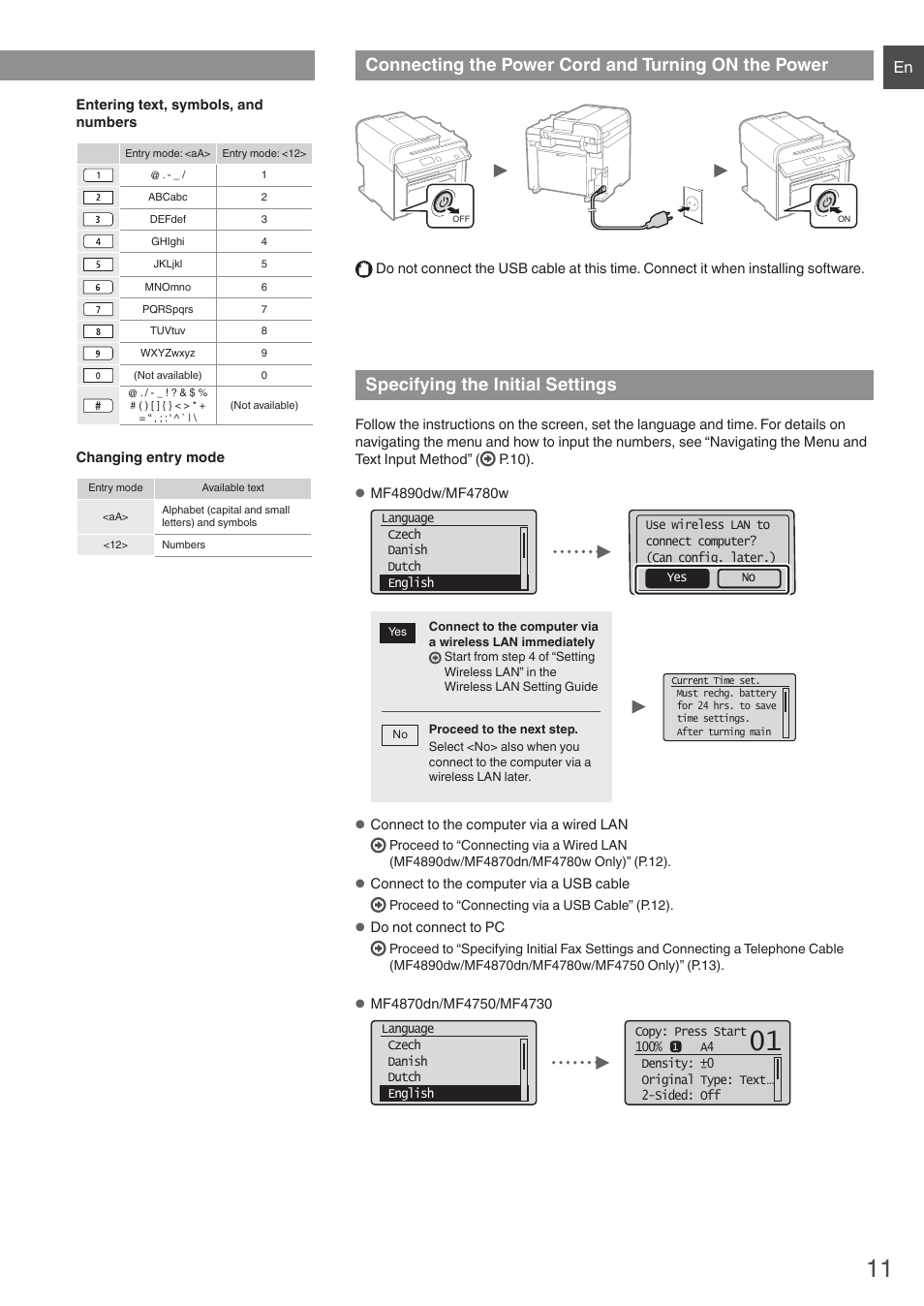 Connecting the power cord and, Turning on the power, Specifying the initial settings | Connecting the power cord and turning on the power, Navigating the menu and text input method | Canon i-SENSYS MF4870dn User Manual | Page 11 / 292