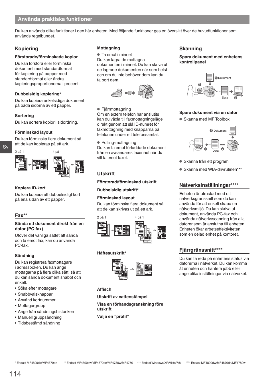 Använda praktiska funktioner, Kopiering, Utskrift | Skanning, Nätverksinställningar, Fjärrgränssnitt | Canon i-SENSYS MF4870dn User Manual | Page 114 / 292