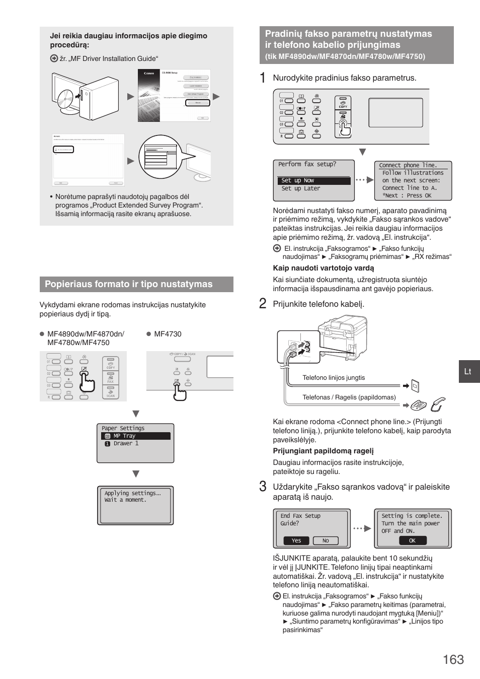 Popieriaus formato ir tipo nustatymas, Pradinių fakso parametrų nustatymas, Ir telefono kabelio prijungimas | Tik mf4890dw/mf4870dn/mf4780w/mf4750), Tik mf4890dw/mf4870dn/mf4780w/mf4750)“ (psl. 163), Psl. 163) | Canon i-SENSYS MF4870dn User Manual | Page 163 / 292