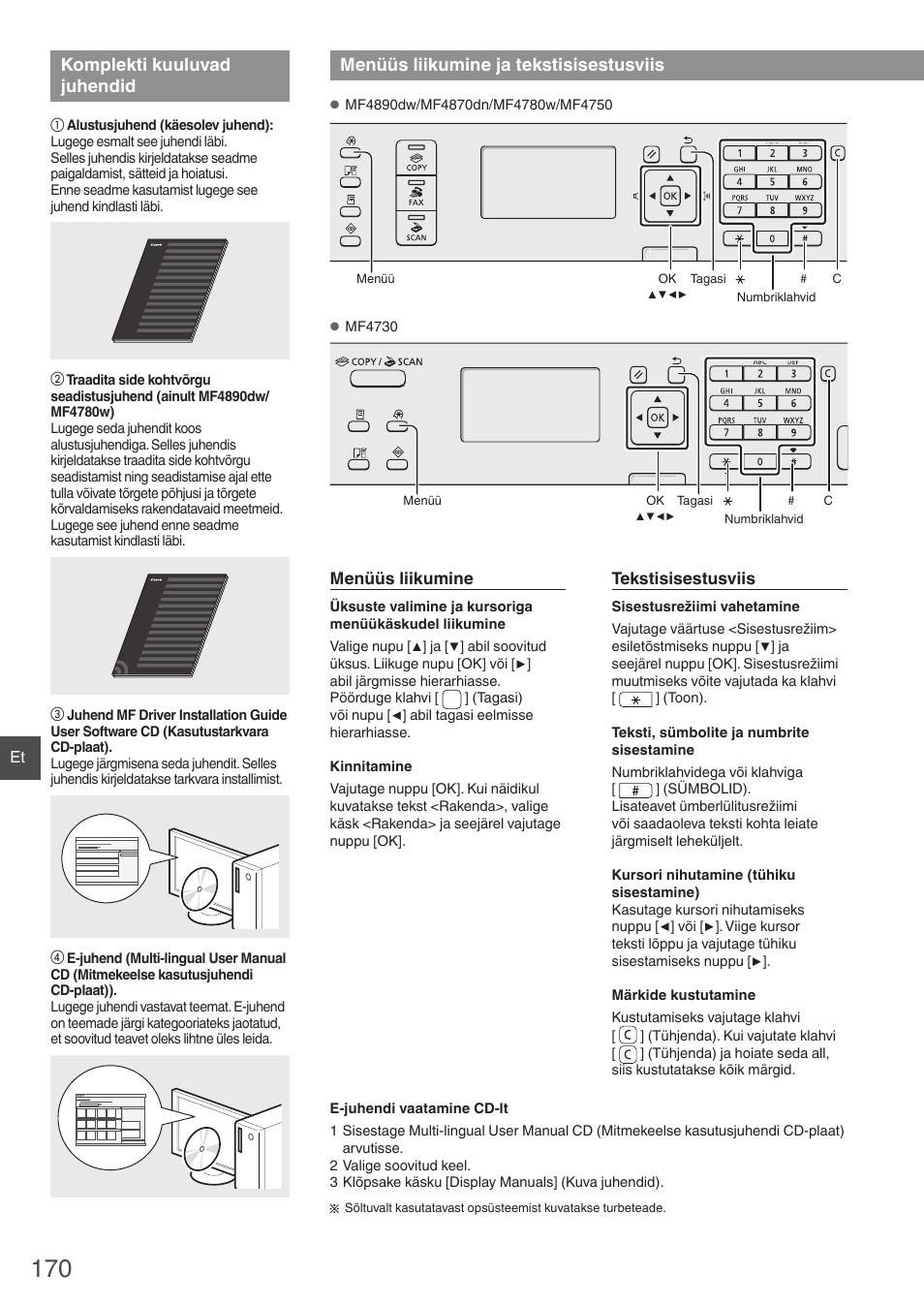 Komplekti kuuluvad juhendid, Menüüs liikumine ja tekstisisestusviis | Canon i-SENSYS MF4870dn User Manual | Page 170 / 292