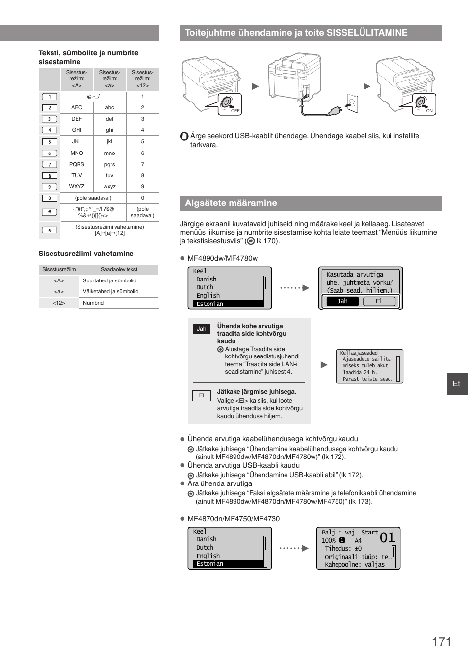 Toitejuhtme ühendamine ja toite, Sisselülitamine, Algsätete määramine | Toitejuhtme ühendamine ja toite sisselülitamine, Menüüs liikumine ja tekstisisestusviis | Canon i-SENSYS MF4870dn User Manual | Page 171 / 292