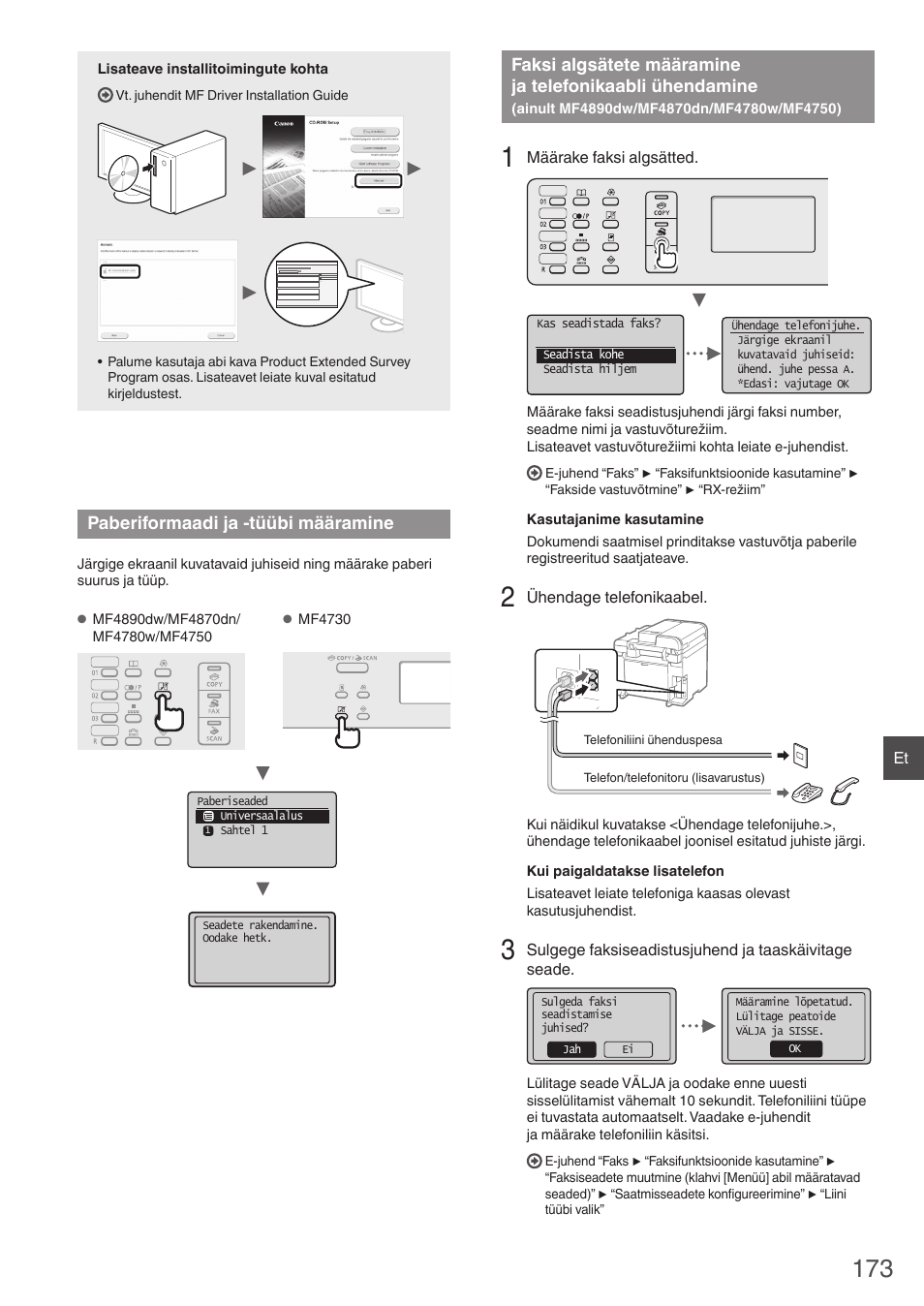 Paberiformaadi ja -tüübi määramine, Faksi algsätete määramine ja telefonikaabli, Ühendamine | Ainult mf4890dw/mf4870dn/mf4780w/mf4750), Ainult mf4890dw/mf4870dn/mf4780w/mf4750)” (lk 173), Lk 173) | Canon i-SENSYS MF4870dn User Manual | Page 173 / 292
