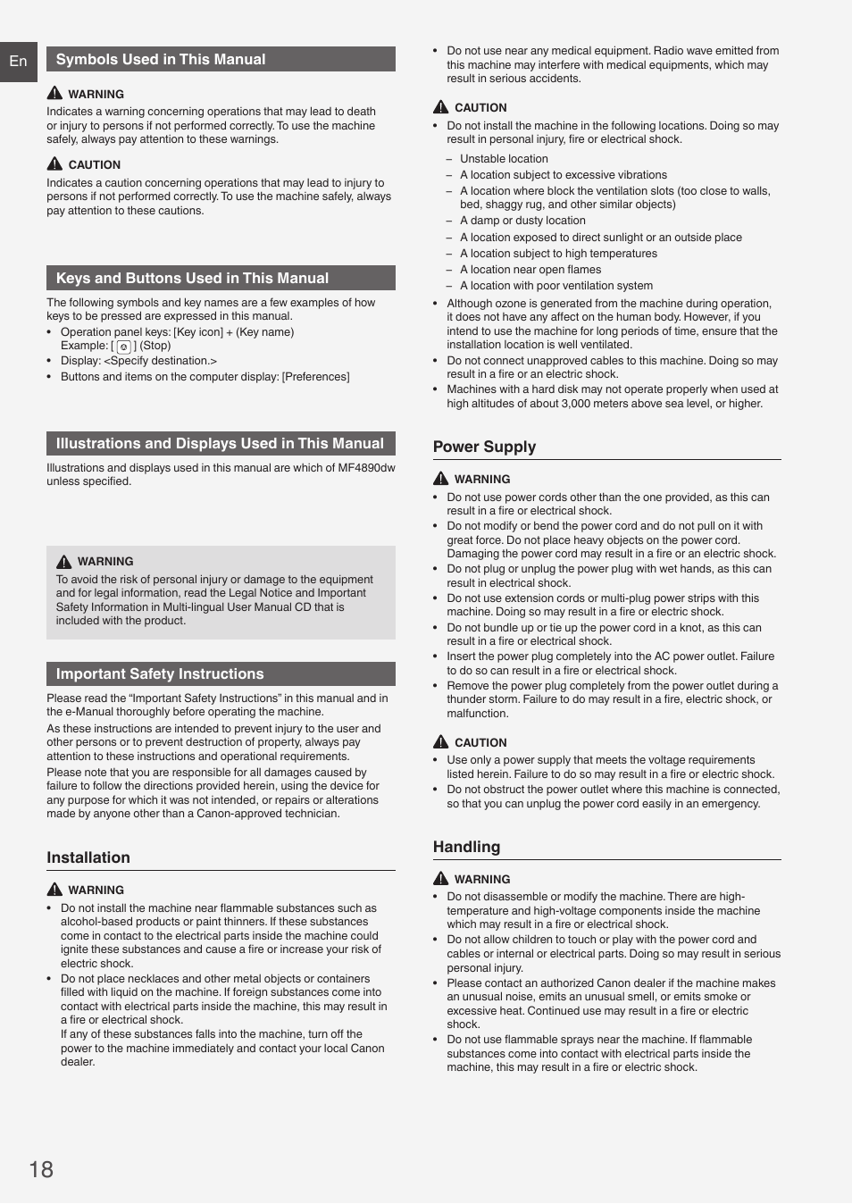 Installation, Power supply, Handling | En symbols used in this manual, Keys and buttons used in this manual, Illustrations and displays used in this manual, Important safety instructions | Canon i-SENSYS MF4870dn User Manual | Page 18 / 292