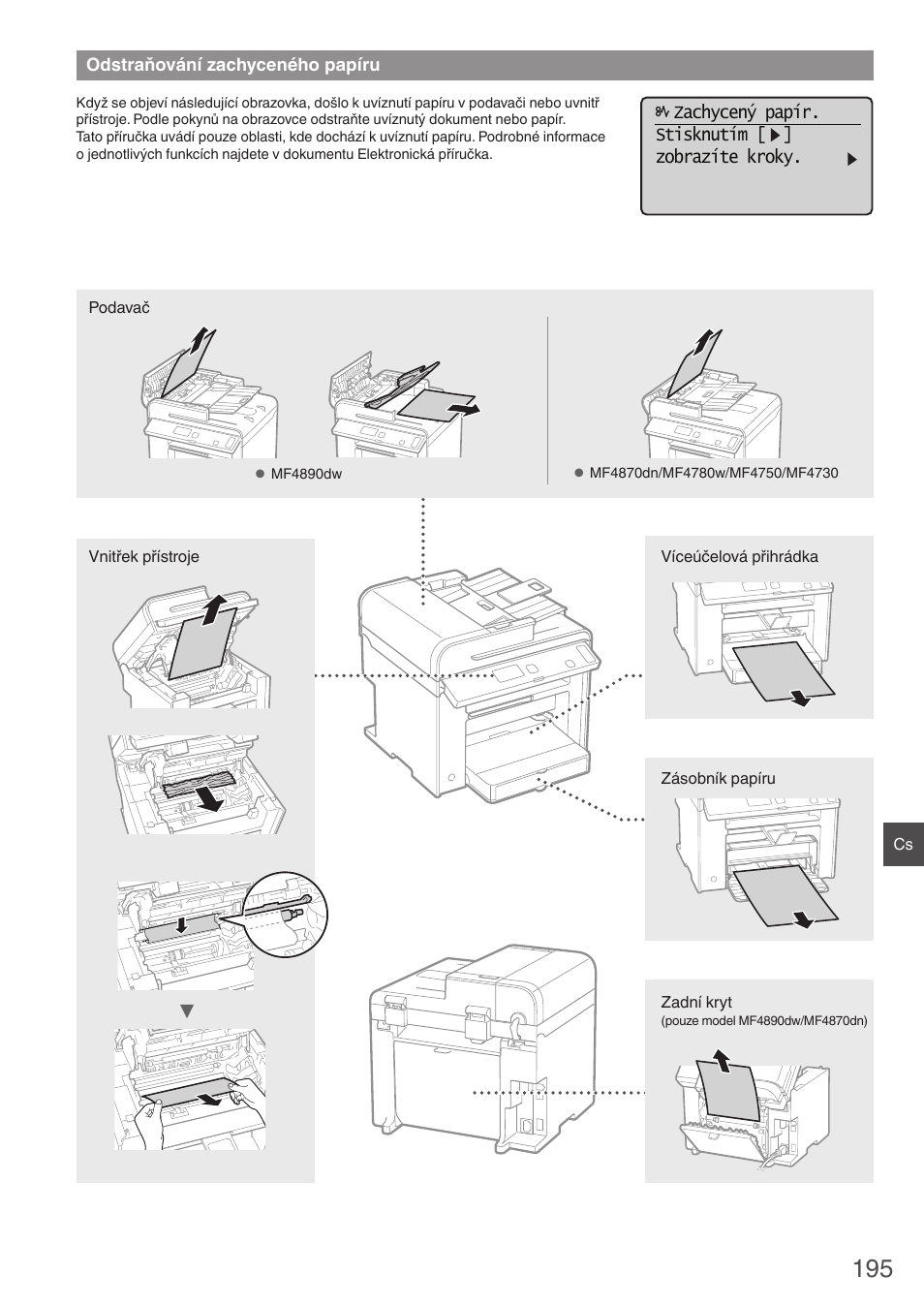 Odstraňování zachyceného papíru, Zachycený papír. stisknutím [ ] zobrazíte kroky | Canon i-SENSYS MF4870dn User Manual | Page 195 / 292