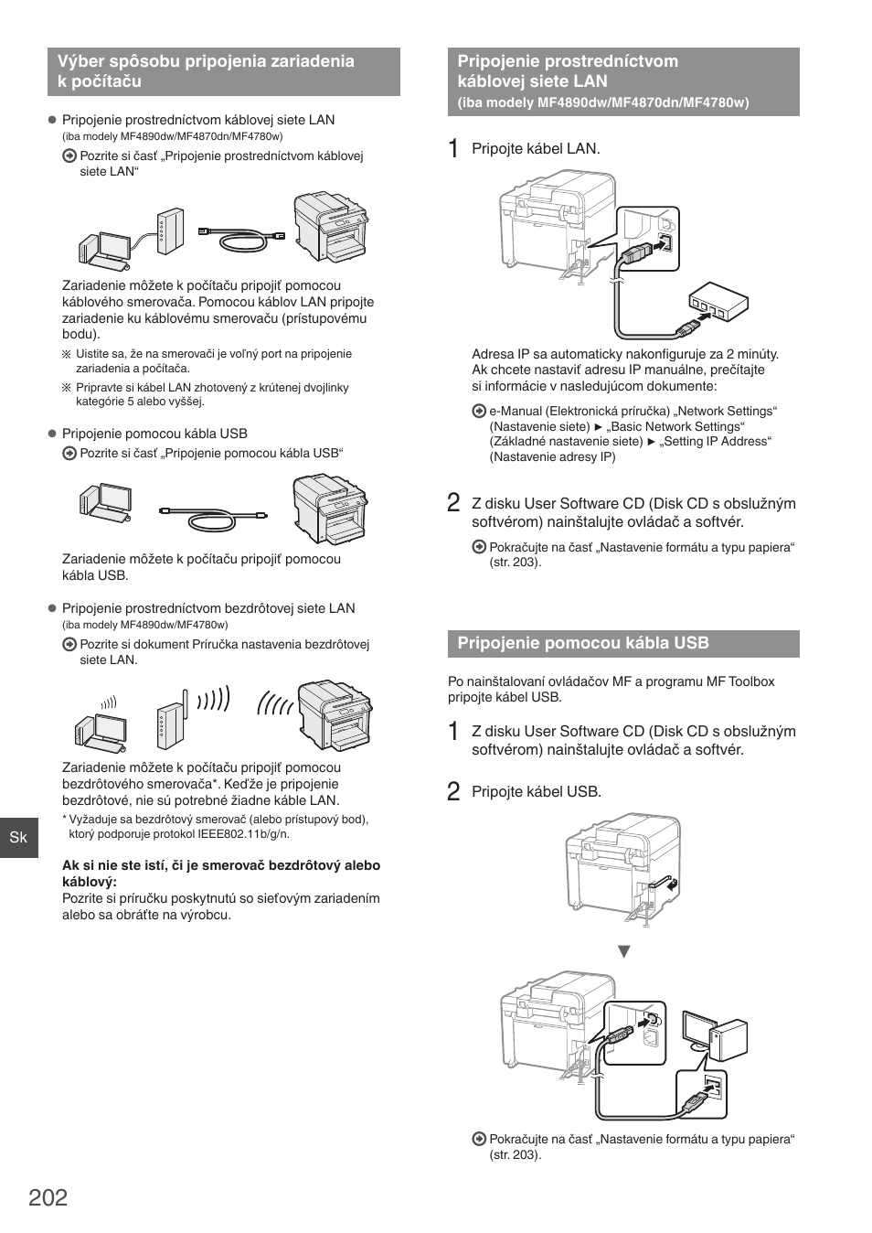 Výber spôsobu pripojenia zariadenia, K počítaču, Pripojenie prostredníctvom káblovej siete lan | Iba modely mf4890dw/ mf4870dn/ mf4780w), Pripojenie pomocou kábla usb | Canon i-SENSYS MF4870dn User Manual | Page 202 / 292