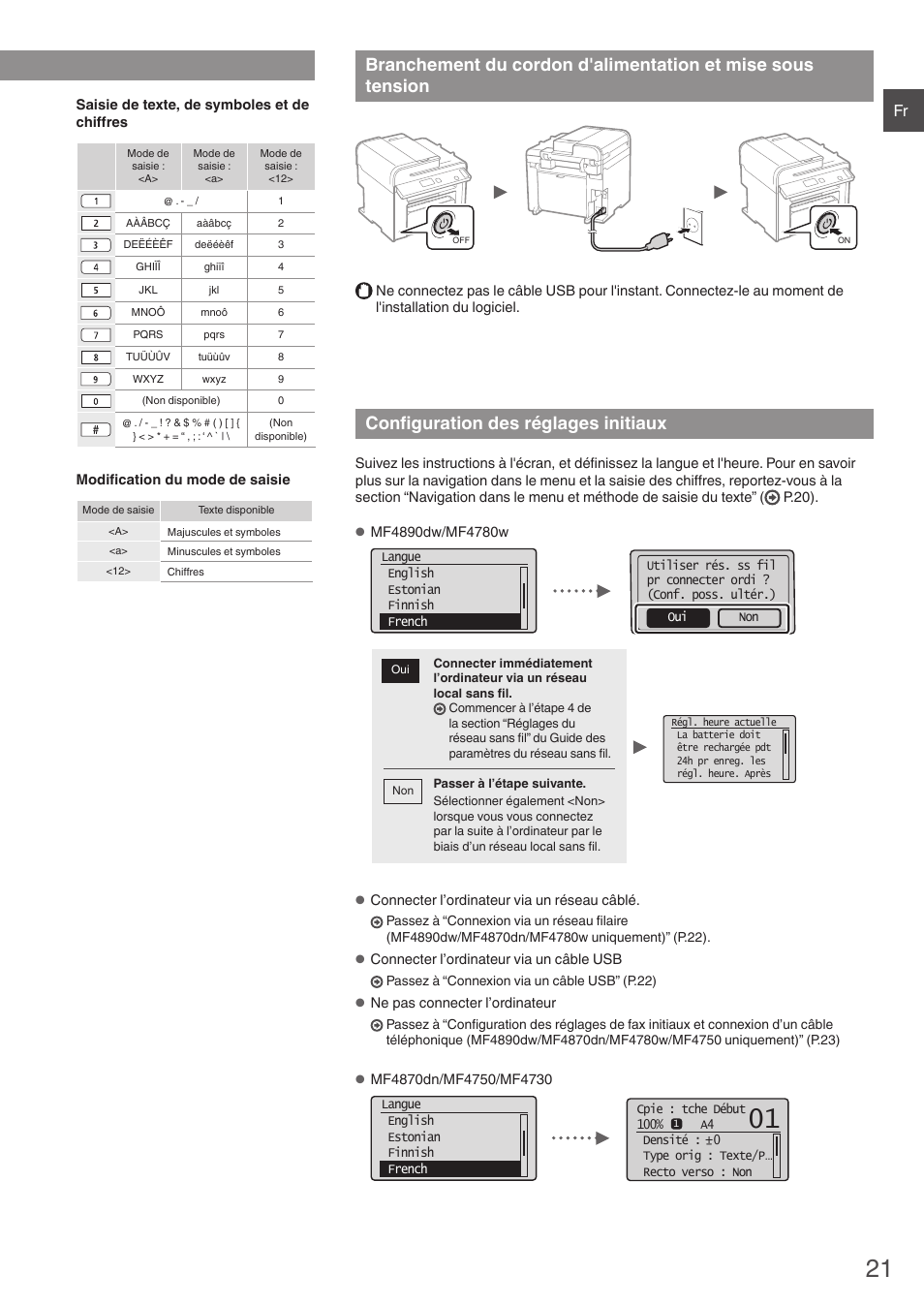 Branchement du cordon d'alimentation, Et mise sous tension, Configuration des réglages initiaux | Canon i-SENSYS MF4870dn User Manual | Page 21 / 292