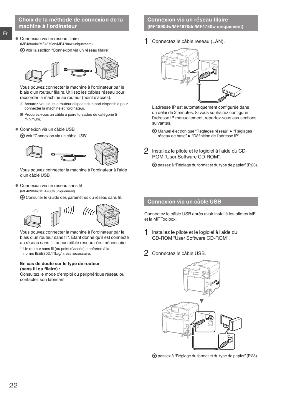 Choix de la méthode de connexion de, La machine à l'ordinateur, Connexion via un réseau filaire | Mf4890dw/mf4870dn/mf4780w uniquement), Connexion via un câble usb, Assez à “connexion via un réseau filaire, Mf4890dw/mf4870dn/mf4780w uniquement)” (p.22), Assez à “connexion via un câble usb” (p.22) | Canon i-SENSYS MF4870dn User Manual | Page 22 / 292