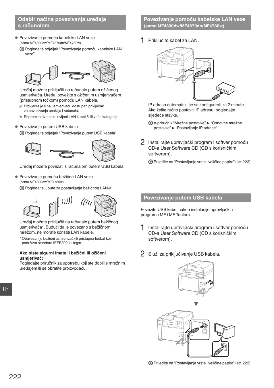 Odabir načina povezivanja uređaja, S računalom, Povezivanje pomoću kabelske lan veze | Samo mf4890dw/mf4870dn/mf4780w), Povezivanje putem usb kabela | Canon i-SENSYS MF4870dn User Manual | Page 222 / 292