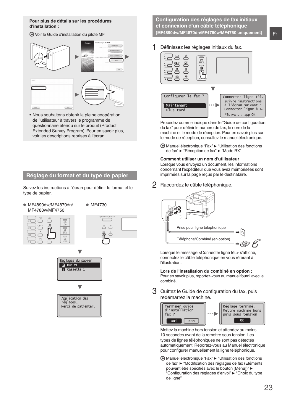 Réglage du format et du type de papier, Configuration des réglages de fax initiaux, Et connexion d'un câble téléphonique | Mf4890dw, Mf4870dn/mf4780w/mf4750 uniquement) | Canon i-SENSYS MF4870dn User Manual | Page 23 / 292