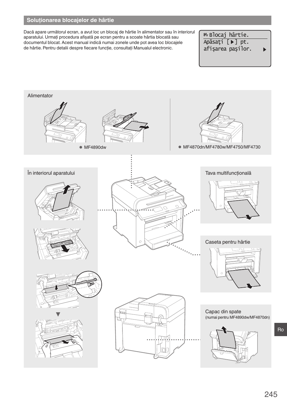 Soluţionarea blocajelor de hârtie, Blocaj hârtie. apăsaţi [ ] pt. afişarea paşilor | Canon i-SENSYS MF4870dn User Manual | Page 245 / 292