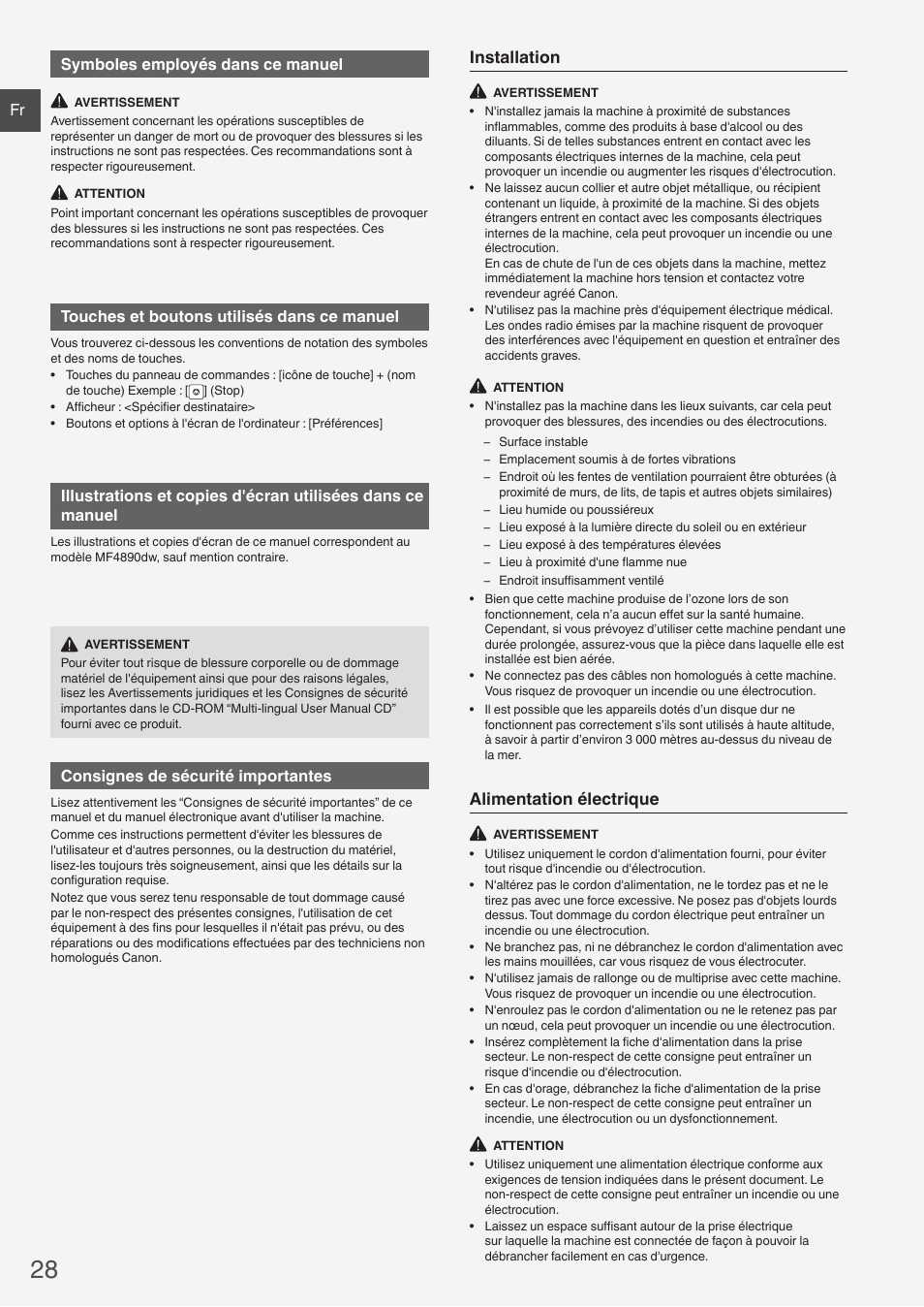 Installation, Alimentation électrique, Fr symboles employés dans ce manuel | Touches et boutons utilisés dans ce manuel, Consignes de sécurité importantes | Canon i-SENSYS MF4870dn User Manual | Page 28 / 292