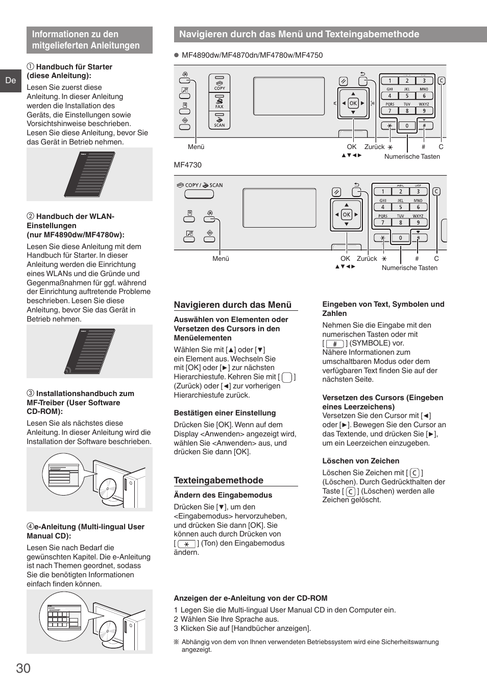 Informationen zu den mitgelieferten, Anleitungen, Navigieren durch das menü und | Texteingabemethode, Informationen zu den mitgelieferten anleitungen, Navigieren durch das menü und texteingabemethode | Canon i-SENSYS MF4870dn User Manual | Page 30 / 292