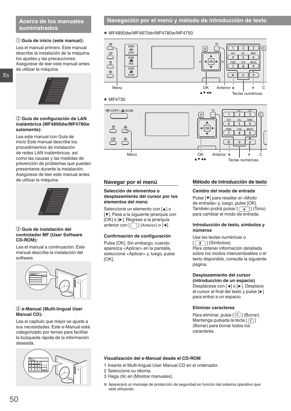 Acerca de los manuales suministrados, Navegación por el menú y método de, Introducción de texto | Canon i-SENSYS MF4870dn User Manual | Page 50 / 292