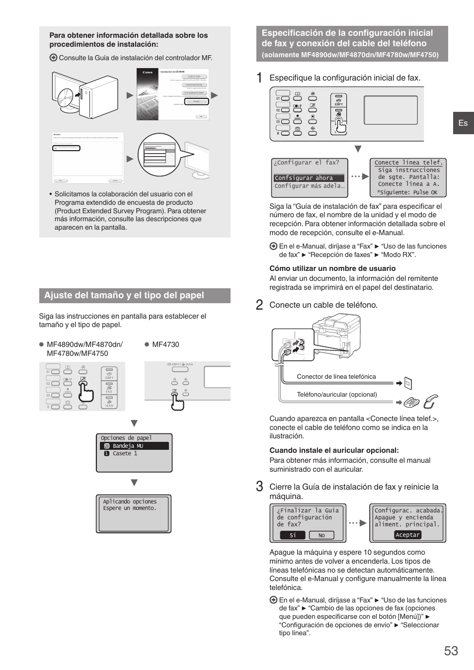 Ajuste del tamaño y el tipo del papel, Especificación de la configuración inicial, De fax y conexión del cable del teléfono | Solamente mf4890dw/mf4870dn/mf4780w/mf4750), Del teléfono | Canon i-SENSYS MF4870dn User Manual | Page 53 / 292