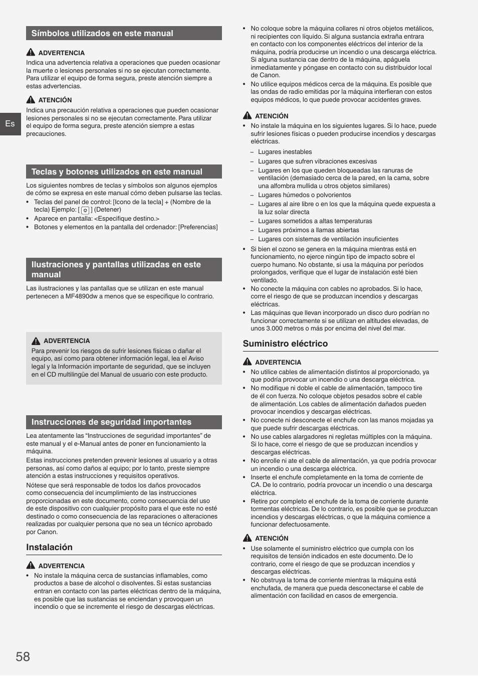 Instalación, Suministro eléctrico, Es símbolos utilizados en este manual | Teclas y botones utilizados en este manual, Instrucciones de seguridad importantes | Canon i-SENSYS MF4870dn User Manual | Page 58 / 292