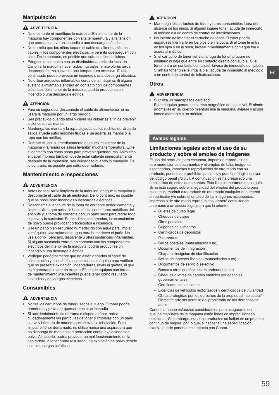 Manipulación, Mantenimiento e inspecciones, Consumibles | Otros, Avisos legales | Canon i-SENSYS MF4870dn User Manual | Page 59 / 292