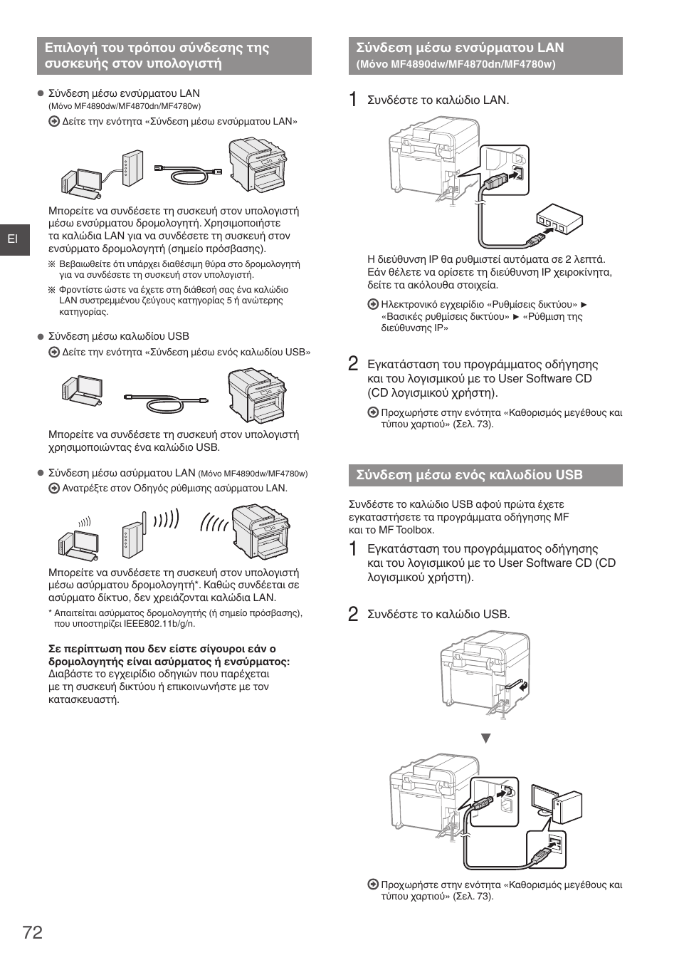 Επιλογή του τρόπου σύνδεσης, Της συσκευής στον υπολογιστή, Σύνδεση μέσω ενσύρματου lan | Μόνο mf4890dw/mf4870dn/mf4780w), Σύνδεση μέσω ενός καλωδίου usb, Μόνο mf4890dw/mf4870dn/mf4780w)» (σελ. 72), Σύνδεση μέσω ενός καλωδίου usb» (σελ. 72) | Canon i-SENSYS MF4870dn User Manual | Page 72 / 292