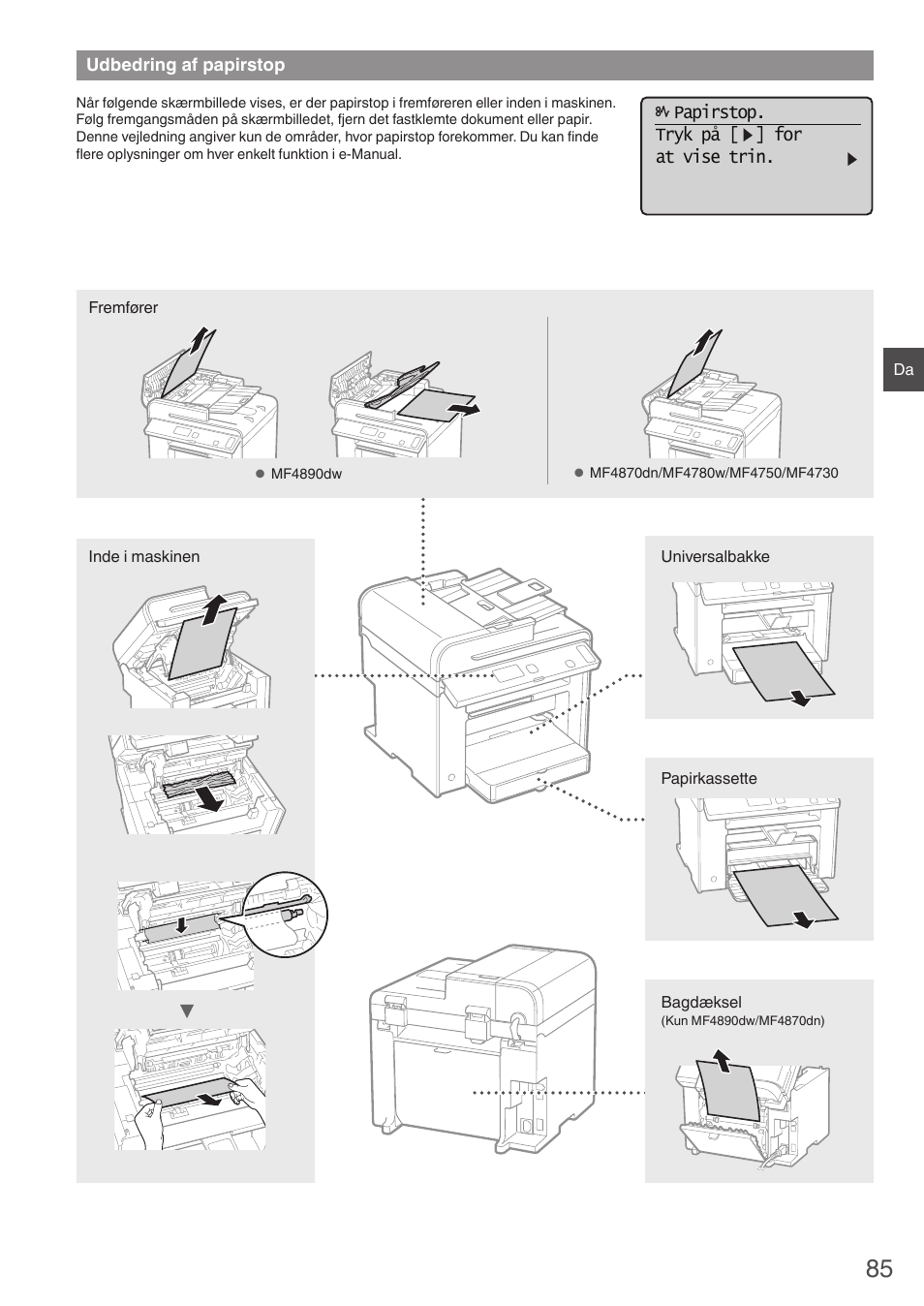 Udbedring af papirstop, Papirstop. tryk på [ ] for at vise trin | Canon i-SENSYS MF4870dn User Manual | Page 85 / 292