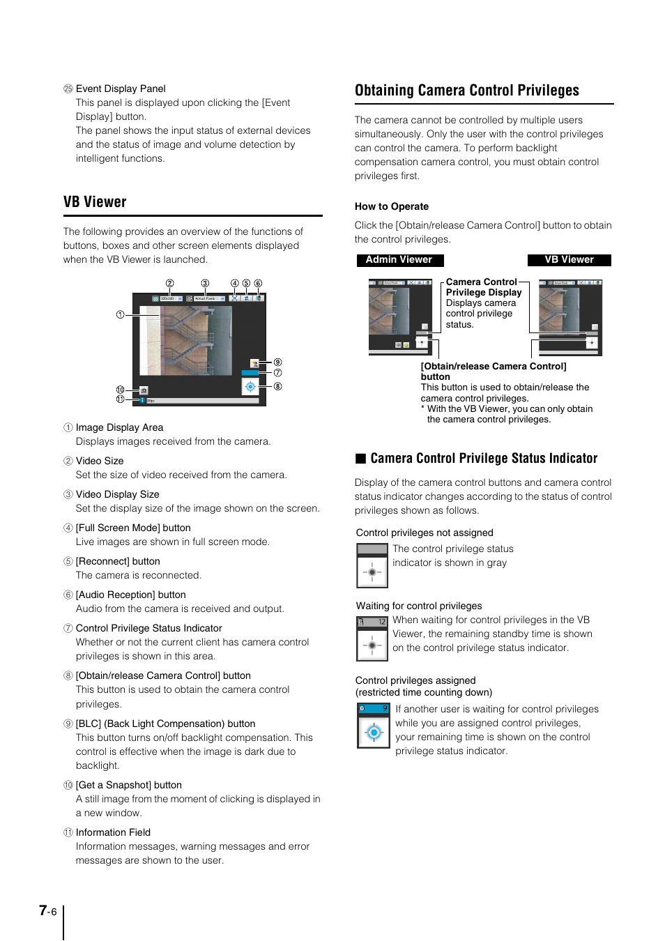 Vb viewer, Obtaining camera control privileges, Vb viewer -6 | Obtaining camera control privileges -6, S, see “obtaining camera, Control privileges” (p. 7-6, Obtaining camera, Control privileges” (p. 7-6), Camera control privilege status indicator | Canon VB-M700F User Manual | Page 100 / 145