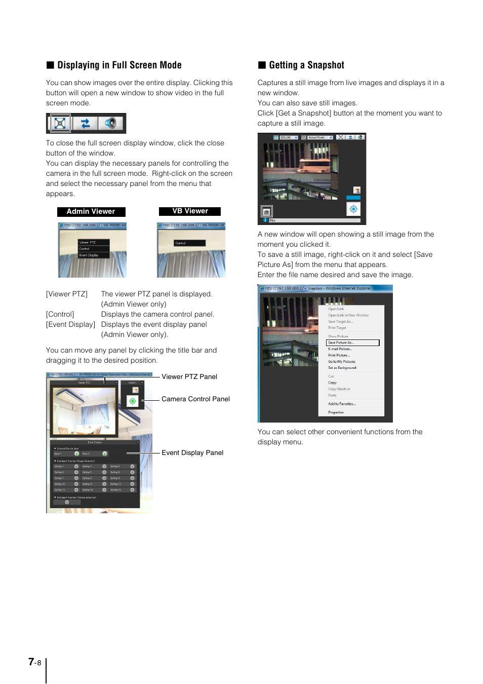 Displaying in full screen mode, Getting a snapshot | Canon VB-M700F User Manual | Page 102 / 145