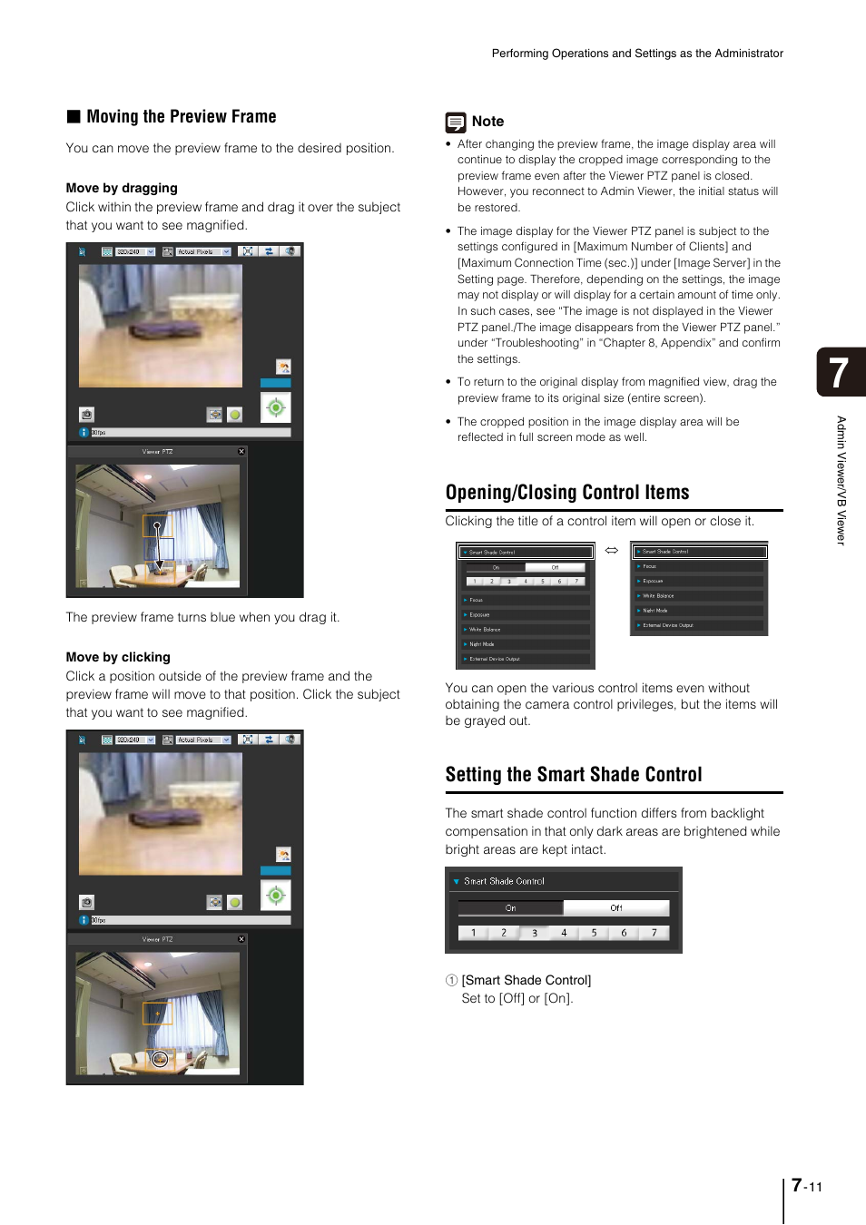 Opening/closing control items, Setting the smart shade control, Opening/closing control items -11 | Setting the smart shade control -11, S, see “setting the smart shade control, P. 7-11), Moving the preview frame | Canon VB-M700F User Manual | Page 105 / 145