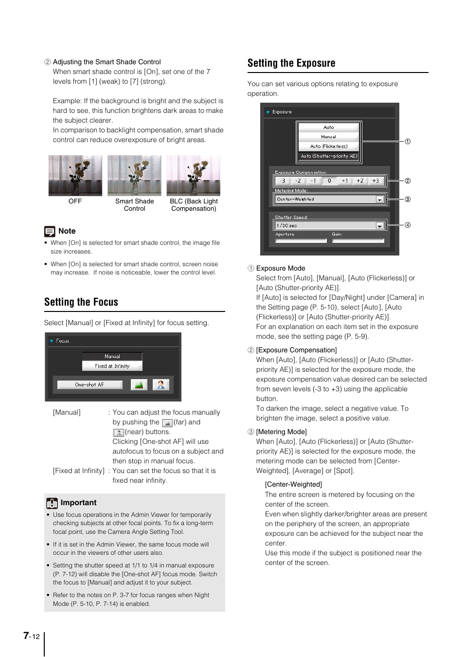 Setting the focus, Setting the exposure, Setting the focus -12 | Setting the exposure -12, S, see “setting the focus, P. 7-12) | Canon VB-M700F User Manual | Page 106 / 145