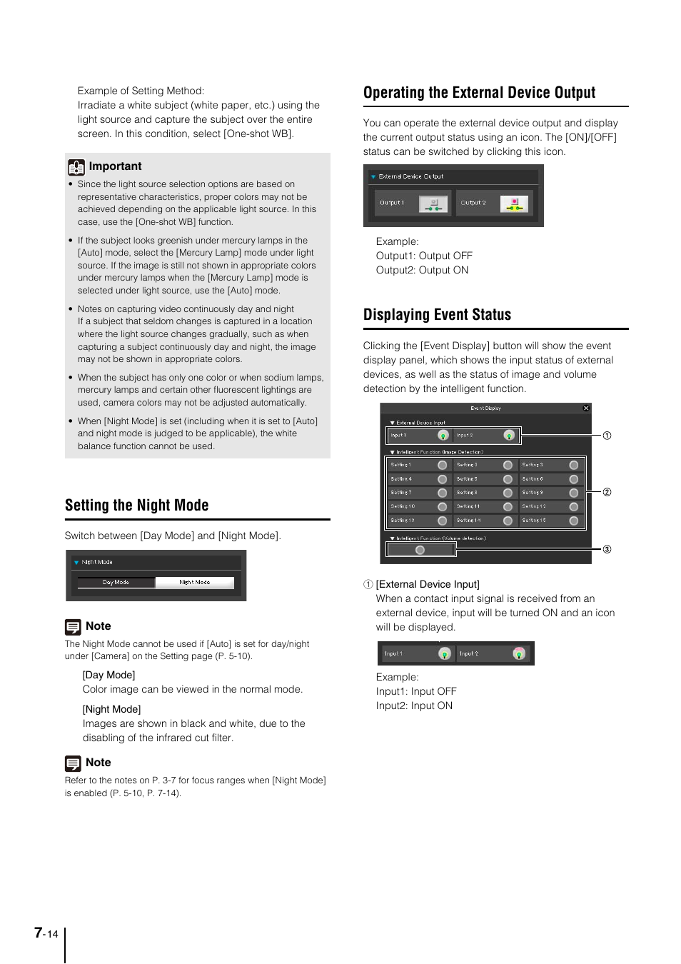 Setting the night mode, Operating the external device output, Displaying event status | Setting the night mode -14, Operating the external device output -14, Displaying event status -14, 14) is enabled | Canon VB-M700F User Manual | Page 108 / 145