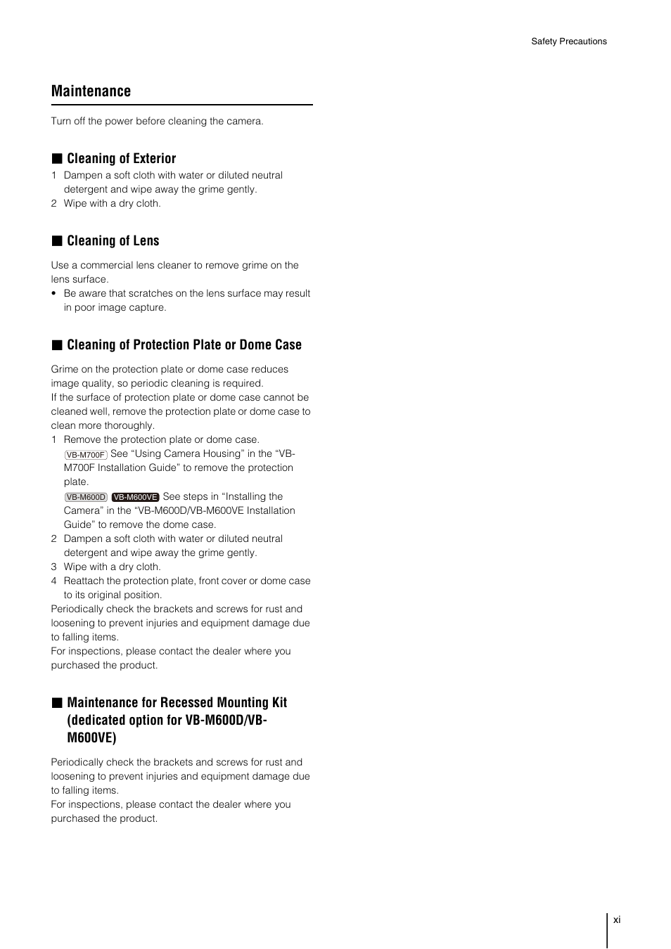 Maintenance, Cleaning of exterior, Cleaning of lens | Cleaning of protection plate or dome case | Canon VB-M700F User Manual | Page 11 / 145