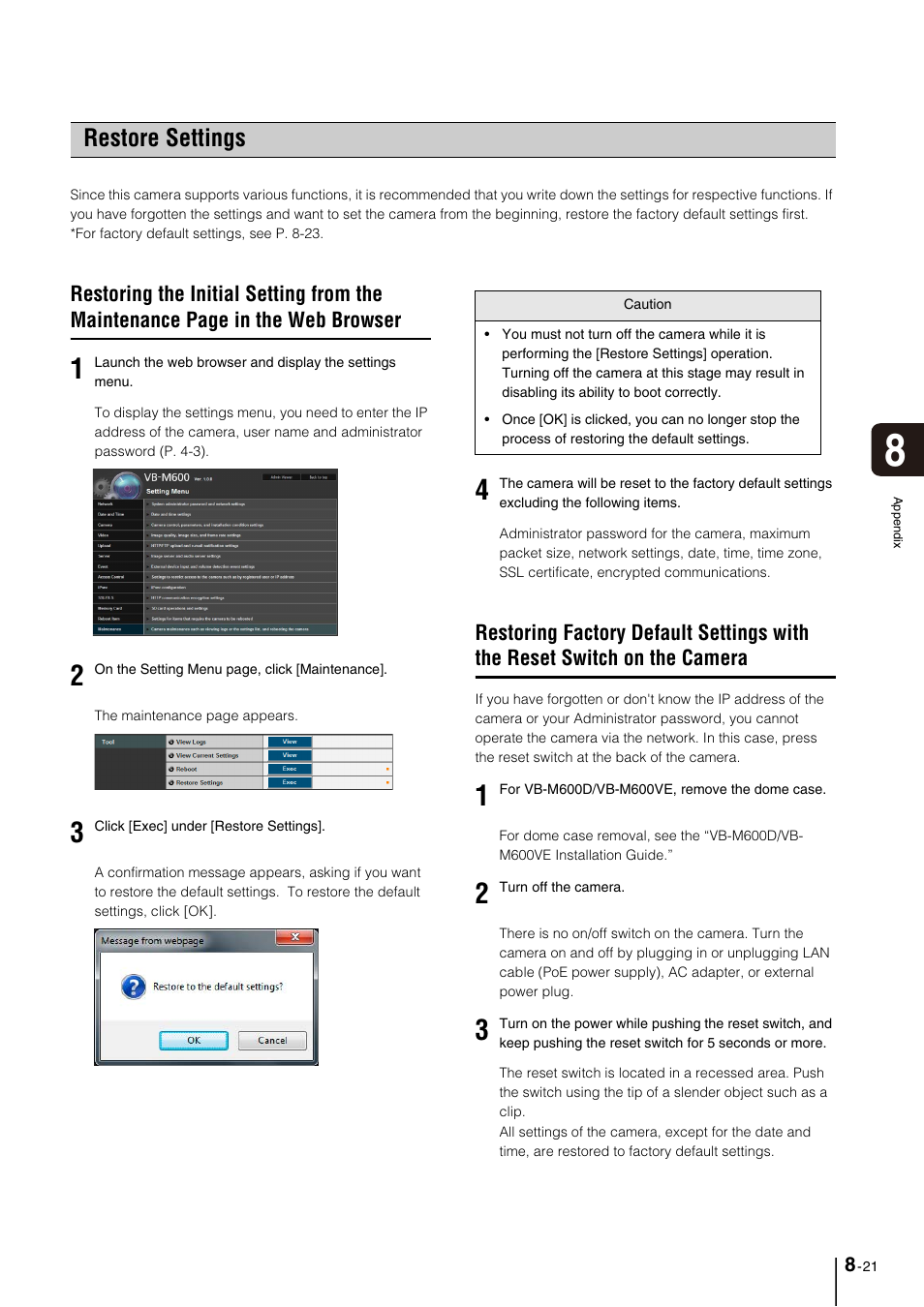 Restore settings, Restore settings -21, Ssword (p. 8-21). no | Switch (p. 8-21). the a | Canon VB-M700F User Manual | Page 131 / 145