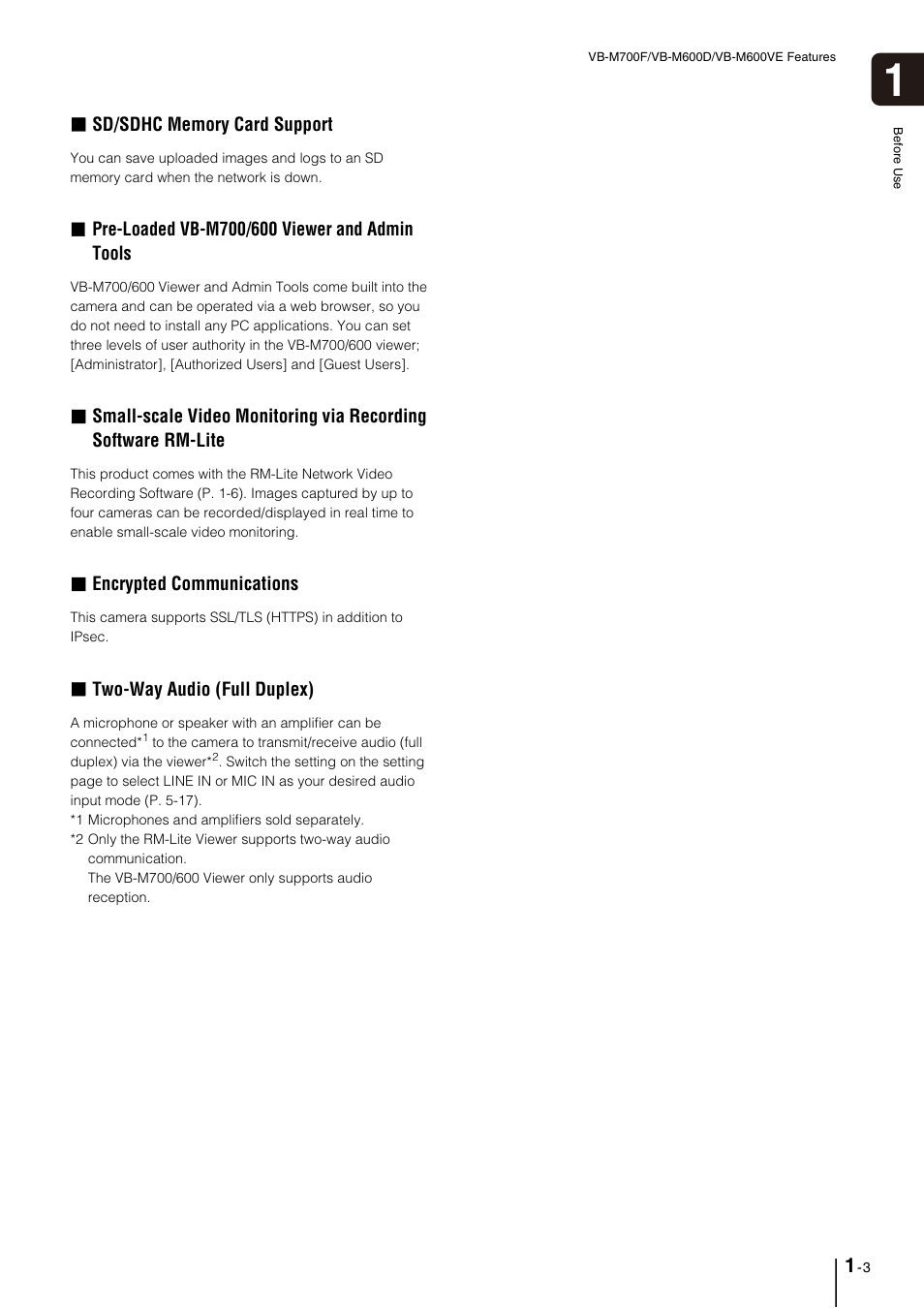 Encrypted communications, Two-way audio (full duplex) | Canon VB-M700F User Manual | Page 15 / 145